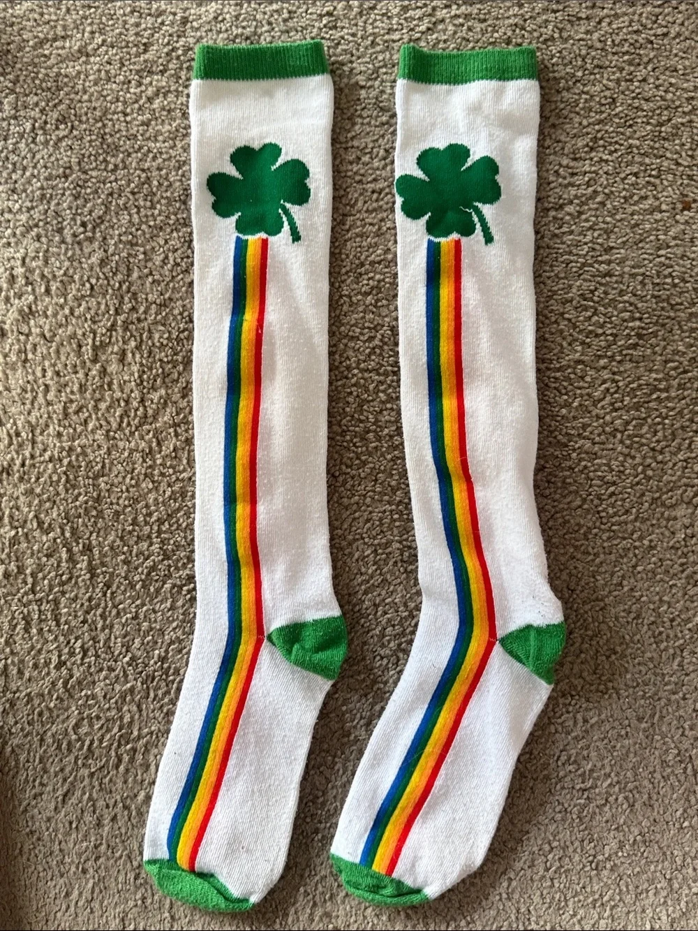 Women’s St. Patrick’s Day Socks with Green Shamrock & Rainbow Stripe!